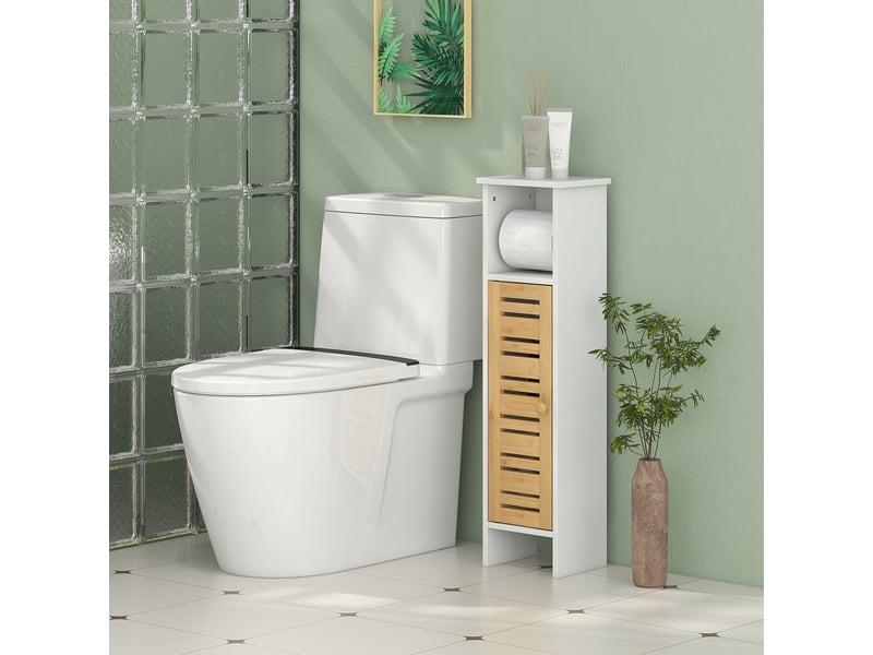 Meuble de salle de bains étroit blanc avec porte en bambou, 21 x 17 x 78 cm  - Conforama D
