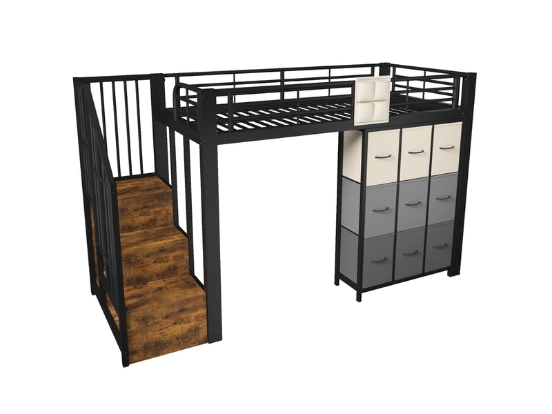  Lit mezzanine 90 x 200 cm noir métal et mdf, avec tiroirs, tringle à vêtements et escalier de rangement  - Conforama D