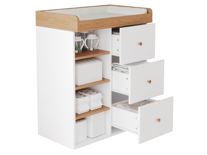 Commode à langer - 82x50x100 cm - commode à langer avec plan à langer, 3 tiroirs et étagères ouvertes - blanc et effet bois - Conforama A