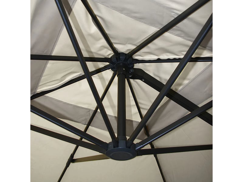 Parasol déporté 3 x 4 m rotatif à 360° avec lambrequin base en croix et inclinaison réglable sans pied polyester crème gris et aluminium 04_0010666 - Conforama D
