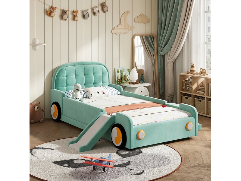  Lit pour enfant voiture, 90 x 200 cm, avec toboggan, escalier réversibles, matelas non inclus, coloris bleu et vert  - Conforama B
