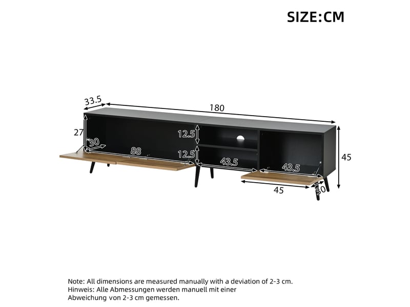  Meuble tv 180 cm pour télévision jusqu'à 75 pouces, meuble tv noir et bois avec rangement, portes et passe-câbles  - Conforama C