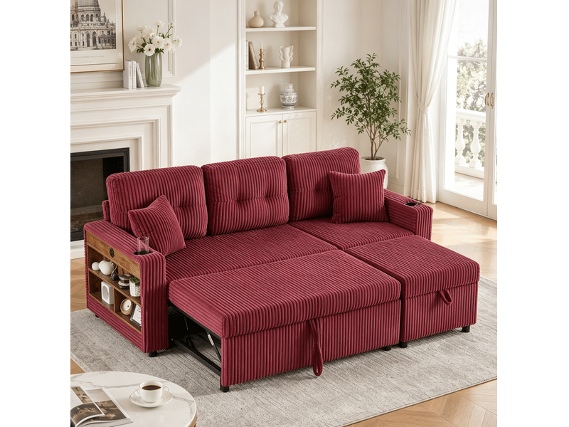  Canapé convertible modenvie 3 places avec rangement usb-c led velours côtelé rouge bordeaux 196 x 82-144 x 85 cm  - Conforama D