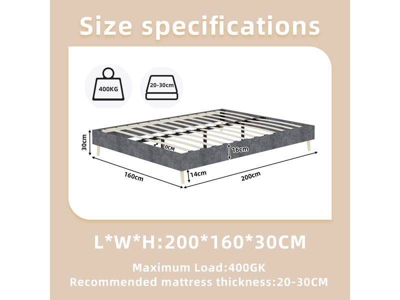  Cadre de lit en tissu et métal gris 160 x 200 cm  - Conforama C