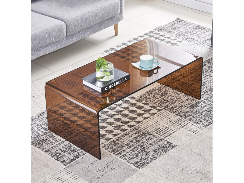  Table basse en verre trempé marron transparent 100 cm, design courbé brillant pour votre salon au quotidien  - Conforama C