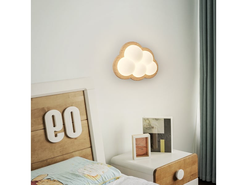  Applique led enfant nuage 3d avec base en fer imitation bois et abat-jour en polycarbonate blanc  - Conforama B