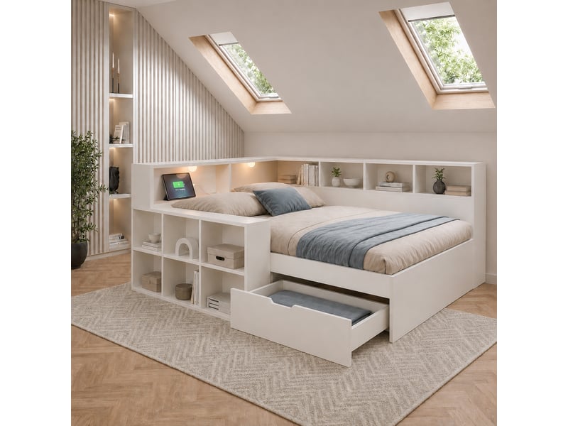  Lit banquette avec rangement 90x200 cm, tiroirs, étagères, 2 lampes de lecture, 3 ports usb et type-c, bois blanc Radiant Stride - Conforama B