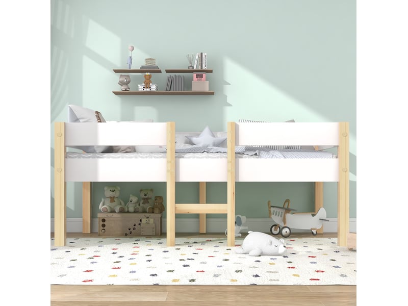  Lit mi-hauteur enfant 90x190 cm avec barrières, échelle et sommier à lattes,blanc et chêne  - Conforama D