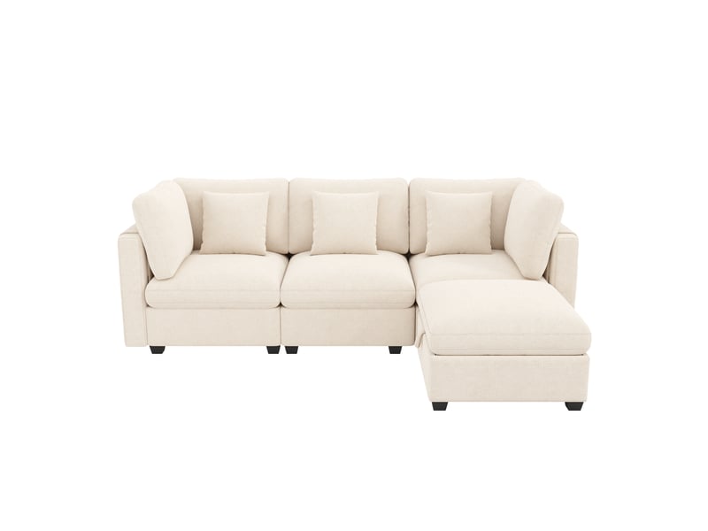 Canapé d'angle modulable 4 places en tissu chenille beige, pouf à rangement, 3 coussins, 226×147×81 cm - Conforama A