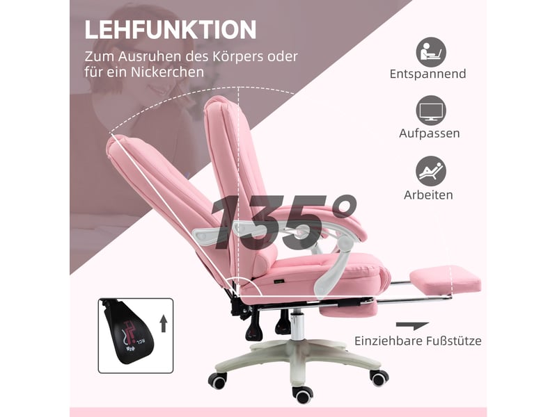  Chaise de bureau ergonomique 65 x 68 x 107-116 cm - inclinable 135° avec repose-pieds rétractable - similicuir - rose  - Conforama E