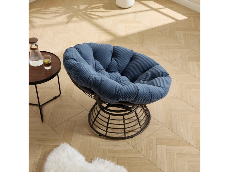  Fauteuil papasan en rotin marron pivotant 360° avec coussin bleu marine épais  - Conforama D