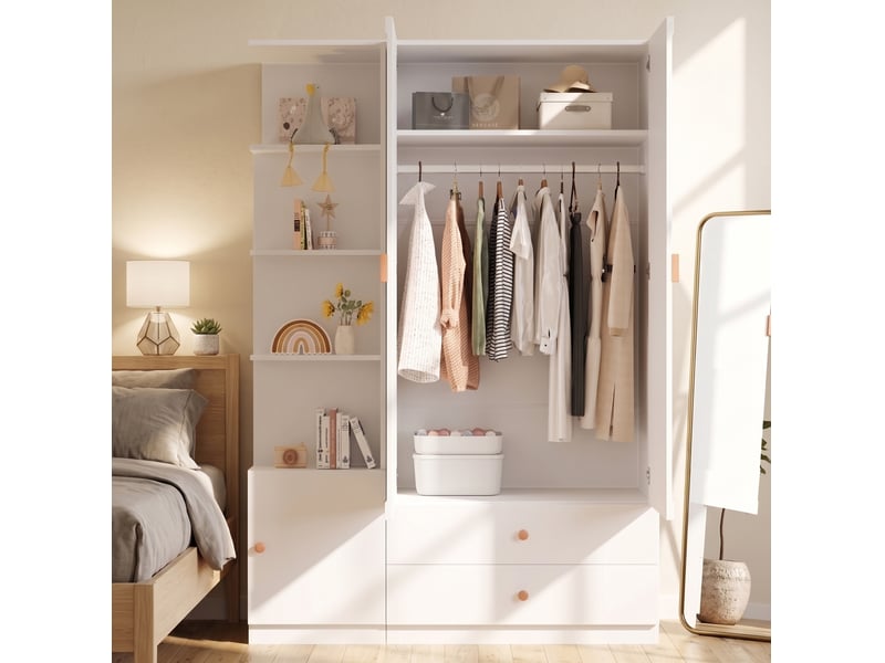  Armoire 135x45x200 cm à portes battantes, 2 tringles, 2 tiroirs, poignées en bois, mdf, bois et métal, blanc, rangement  - Conforama D