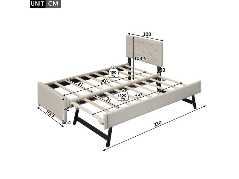  Lit gigogne 90 x 200 cm beige en velours, avec sommier à lattes et couchage d'appoint sur roulettes  - Conforama C