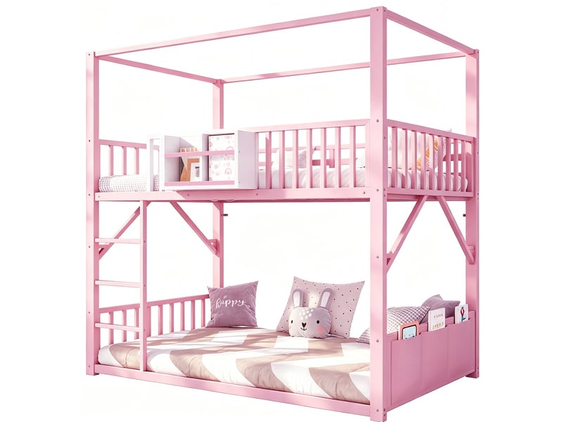 Lit superposé enfant 90x200 cm en métal rose avec toit et rangements - Conforama A
