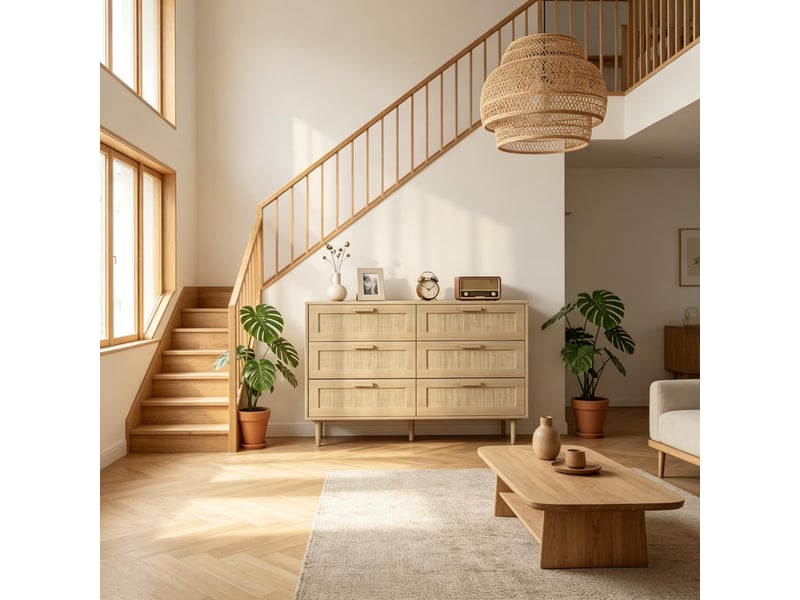  Commode à 6 tiroirs, 110 x 40 x 75 cm, façades en cannage de rotin et pieds surélevés, blanc et effet chêne  - Conforama D
