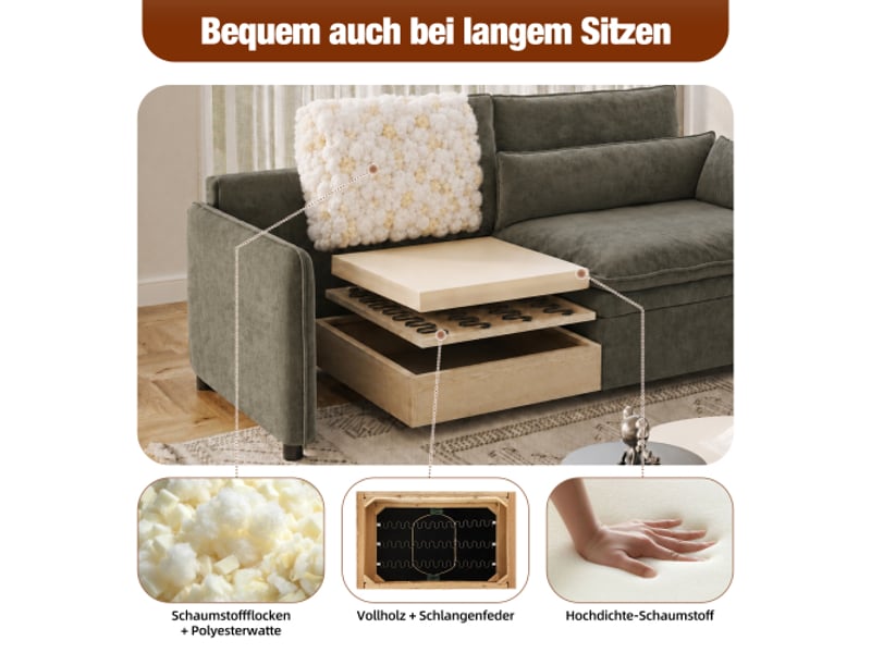 Canapé 3 places,206x91x86 cm,avec rangement,chenille,gris foncé - Conforama E