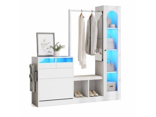 Ensemble d'entrée 163x35x161 cm avec led, vitrine, meuble à chaussures et miroir, aggloméré, pour salon, chambre, blanc