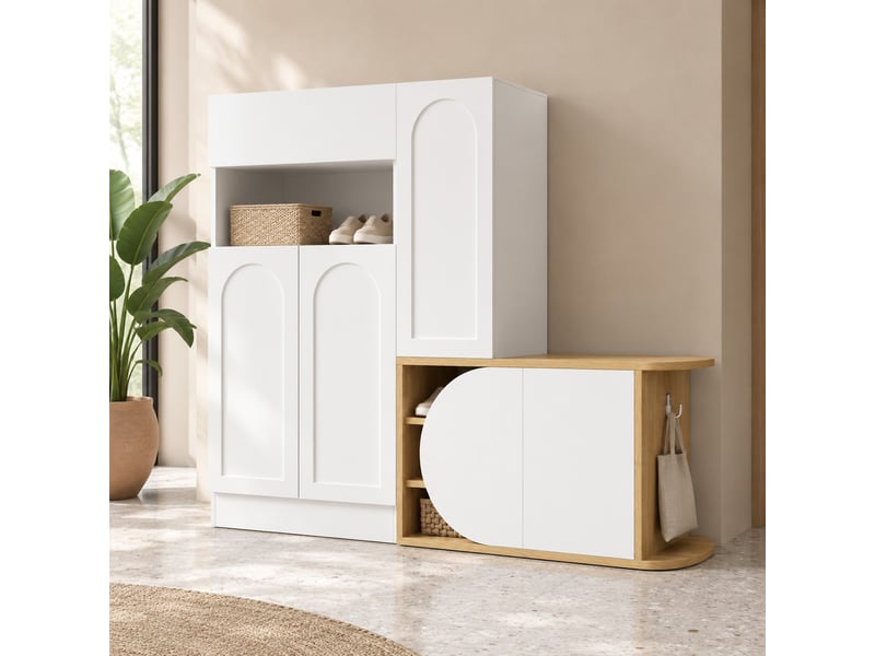  Meuble à chaussures 130 × 35 × 110,5 cm en mdf avec banc, 1 tiroir et 5 portes blanc et effet bois chicfurn  - Conforama B