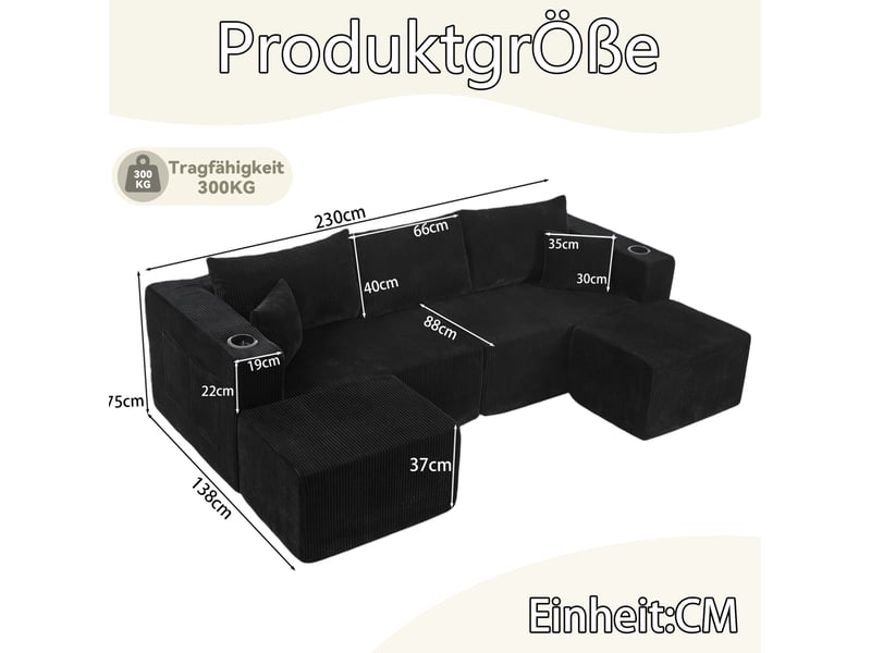 Canapé d'angle modulable 3 places 230x138x75 cm tissu côtelé noir - Conforama E