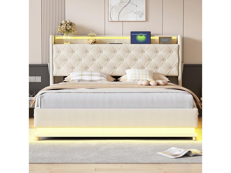  Lit capitonné led 160*200 cm beige, port usb et coffre hydraulique, tissu lin pour chambre  - Conforama D
