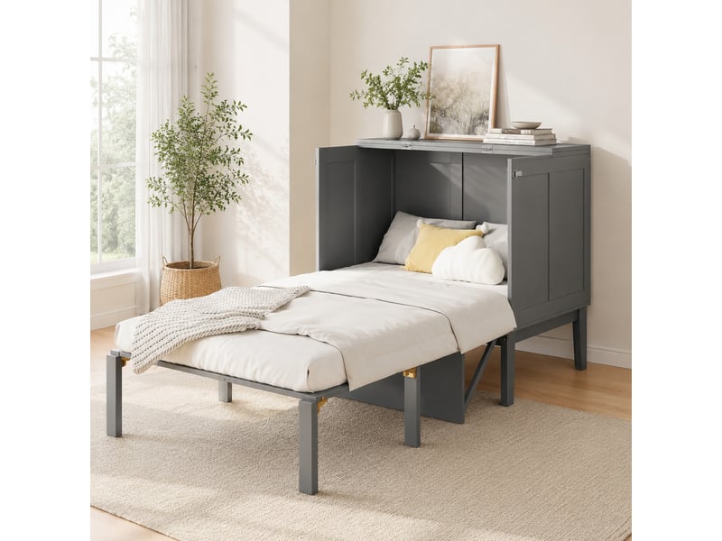  Lit escamotable vertical 90x200 cm avec sommier à lattes gris  - Conforama D