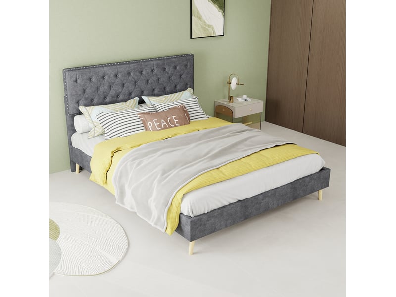  Lit adulte 140 x 200 cm, sans matelas, velours gris, doté de tête de lit moelleuse et sommier, lit 2 places  - Conforama D