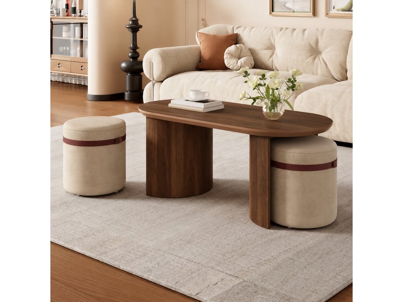  Ensemble table basse ovale et 2 poufs, effet noyer, 108 x 50 x 44 cm  - Conforama D