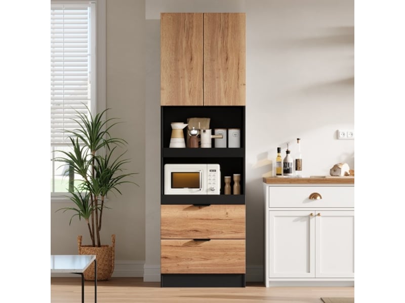 Buffet haut multifonction 59,5x45x200 cm avec portes et tiroirs en mdf couleur noir et bois clair, design multifonctionnel  - Conforama B