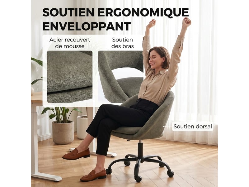Chaise bureau ergonomique en chenille, hauteur réglable, accoudoirs intégrés, 59x60x79-89cm, pivotant 360°, vert foncé - Conforama E