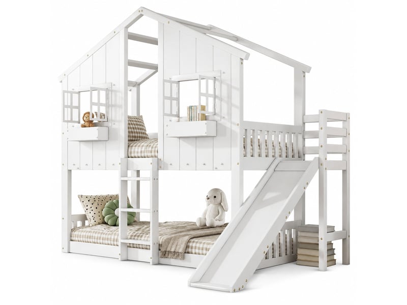 Lit superposé enfant 1 place 90×200 cm toboggan et barrières - toit, fenêtres, sans matelas, blanc naturel - Conforama A