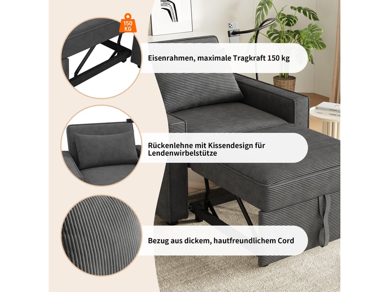  Canapé 1 place en velours côtelé gris avec dossier réglable 3 positions et port usb intégré  - Conforama E
