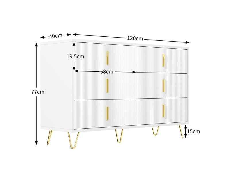  Buffet blanc, 6 tiroirs, rangement, design moderne, façade texturée, structure robuste - panneaux de particules - 120x40x77cm  - Conforama E