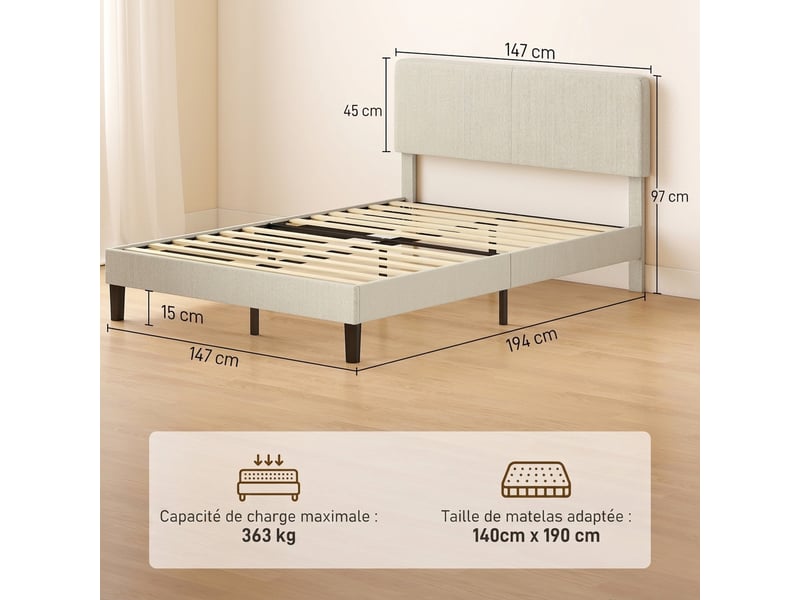  Lit double design velours côtelé - tête de lit, pied de lit et sommier - compatible matelas 190x140cm - gris clair  - Conforama C