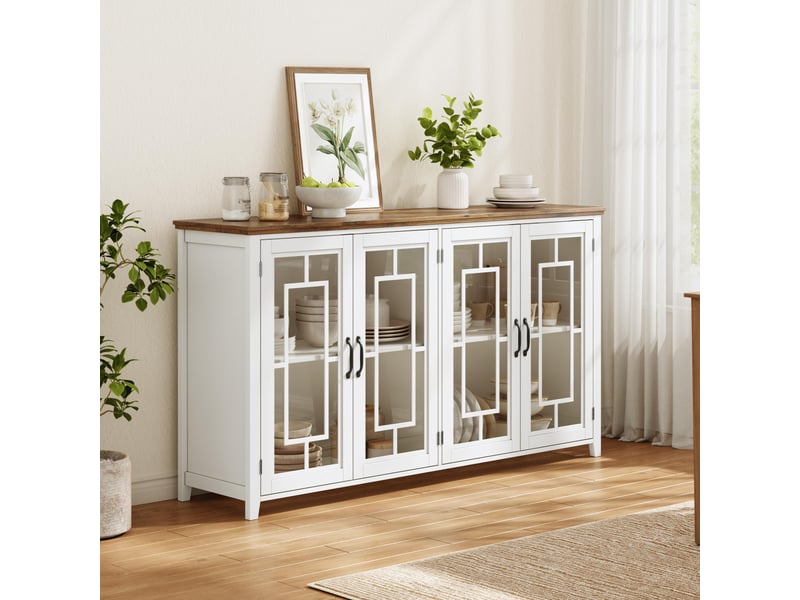  Buffet de cuisine 160 cm blanc avec plateau effet bois, meuble de rangement 4 portes en verre pour salle à manger  - Conforama C