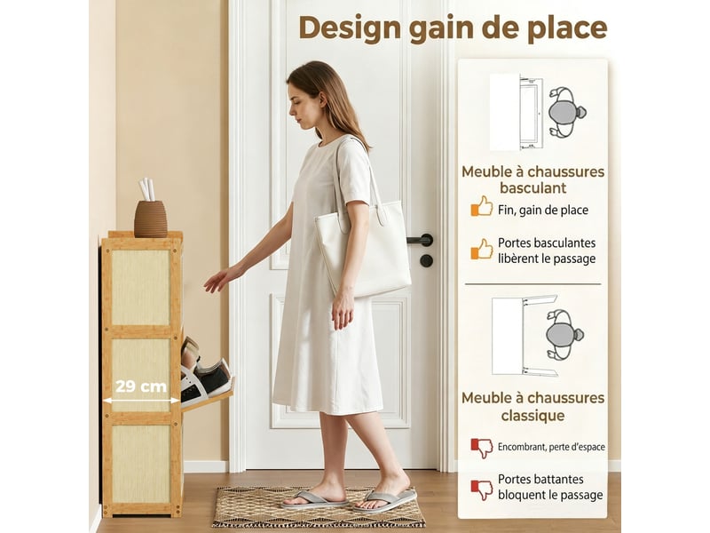  Meuble à chaussures 14 paires, armoire à chaussures 3 tiroirs rabattables, étagères réglables 69x29x119,8cm bois naturel  - Conforama E