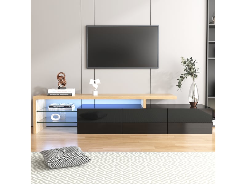  Meuble tv design moderne élégant,3 portes noir brillant,étagères en verre,éclairage led,aspect bois,197.5x39x42cm Façade Brillante,avec Lumière - Conforama C