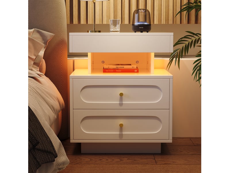  Table de chevet led 2 tiroirs rangement ouvert 100x40x60 cm, anti-basculement, panneaux de particules, blanc  - Conforama D