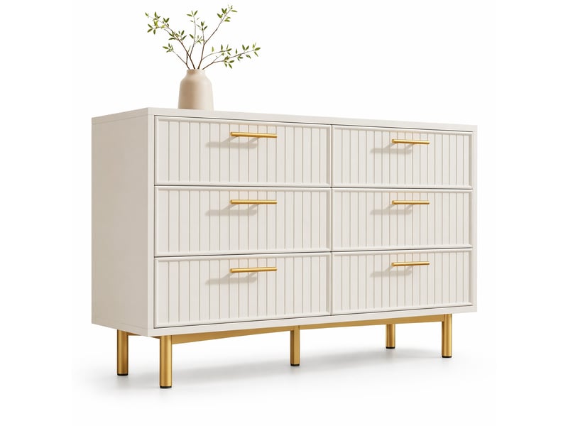  Commode finition côtes avec 6 tiroirs et étagères réglables, en panneaux de particules, blanc, 120 × 40 × 75.5 cm  - Conforama A