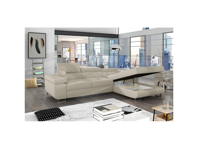  Canapé d'angle convertible amanda beige velours côtelé avec coffre  - Conforama D