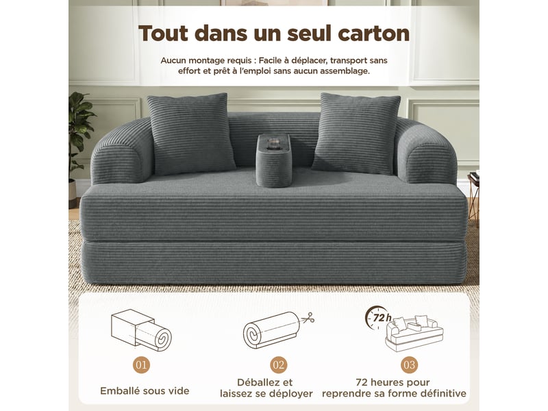  Canapé 2 places en velours côtelé, convertible en lounge, sans montage, accoudoir amovible avec porte-gobelets  - Conforama W