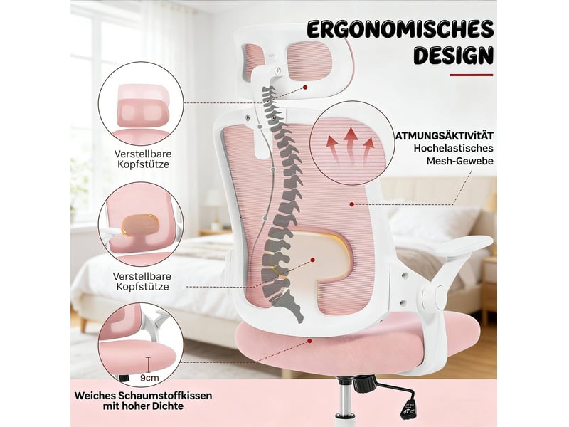 Chaise de bureau ergonomique rose à dossier haut avec appuie-tête réglable, accoudoirs 3d et fonction bascule - Conforama D