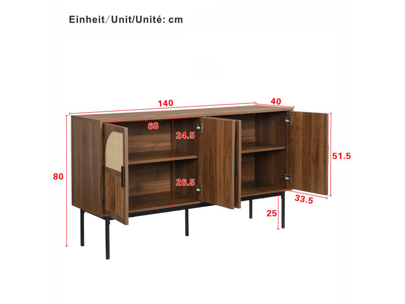  Buffet 4 portes en mdf naturel et rotin 140 x 40 x 80 cm  - Conforama E