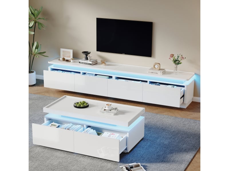  Ensemble meuble tv et table basse blanc brillant moderne – led, 4 tiroirs, compatible téléviseur 75 pouces  - Conforama D