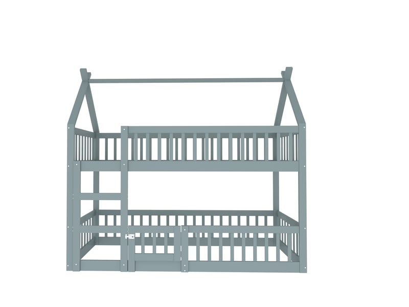 Lit cabane 90x200 enfant, lit superposé enfant en bois massif gris, lit mezzanine avec escalier et barrière de sécurité. - Conforama A