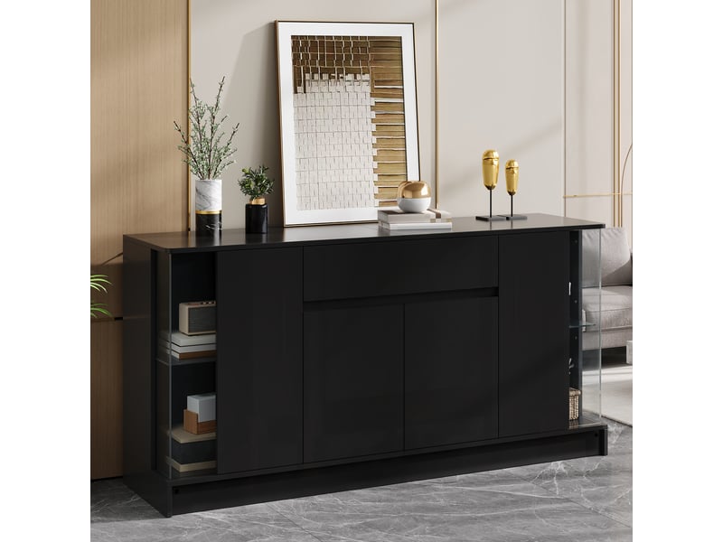  Buffet bas brillant 150 x 40 x 75 cm avec led pilotable par application, 6 portes dont 2 vitrées et 1 tiroir - noir Fay Lum - Conforama E