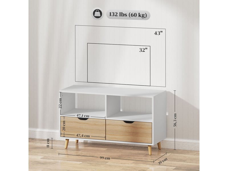  Meuble tv ulevr 99 cm avec 2 niches et 2 tiroirs, rangement câbles, panneau de particules blanc  - Conforama C
