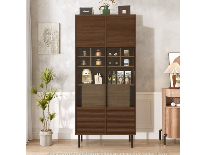  Vitrine avec façade en verre, 4 tiroirs cachés et étagères modulées, pour salon, en mdf, bois, 75,5 × 35 × 164,5 cm  - Conforama C