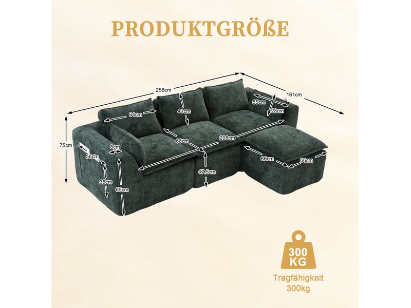  Canapé modulable 3 places en chenille vert avec repose-pieds et porte-boisson  - Conforama C