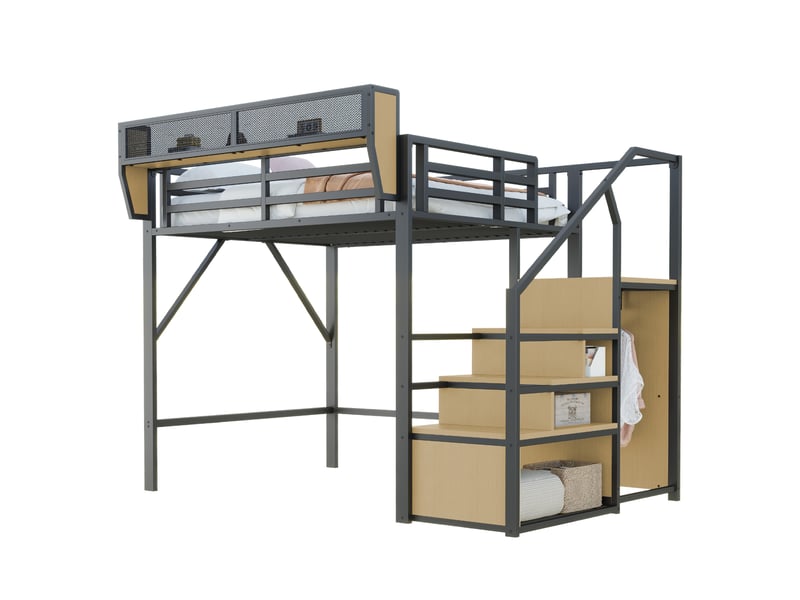 Lit mezzanine 140 x 200 cm avec échelle sécurisée et rangement modulable, couchage adulte ou enfant, structure en métal noir evarich - Conforama A