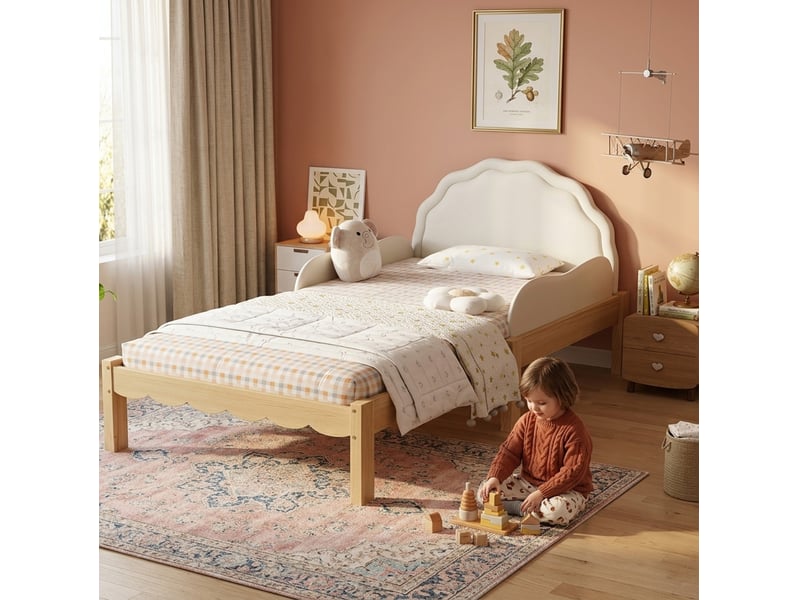  Lit enfant 90x200 cm, barrières, lit simple tête de lit en pu, sommier, structure bois, beige naturel, sans matelas  - Conforama D